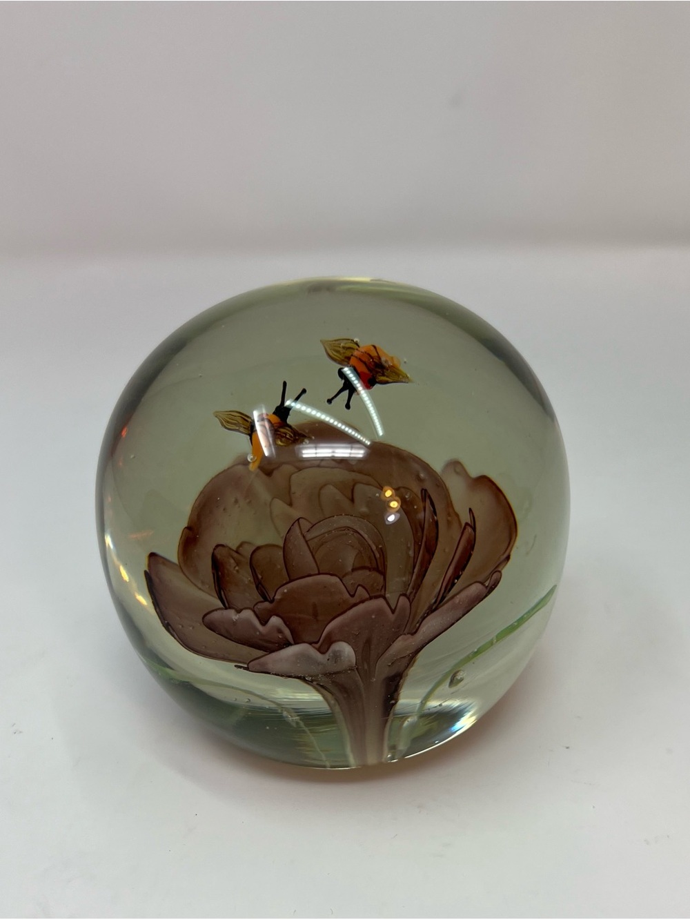 Hand-Blown Glass Flower Paperweight in Olive Green